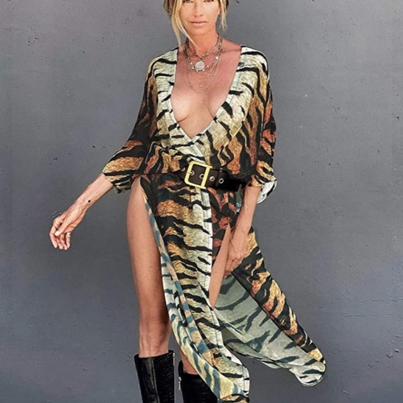 SALE! Last One New Tiger Print Sheer Swim Cover Up Kimono Duster Robe Cardigan - Picture 2 of 13